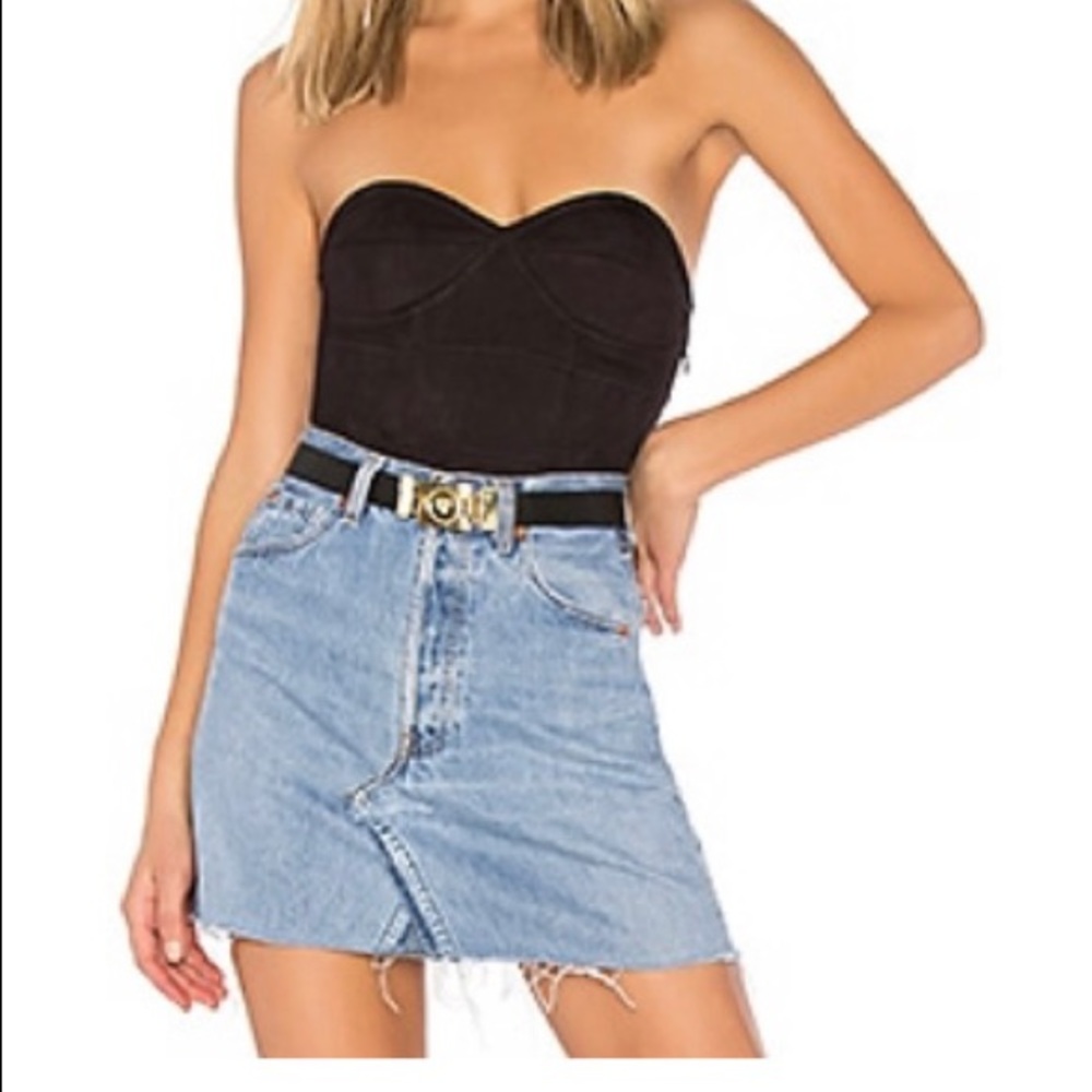Strapless black bodysuit - faux suede